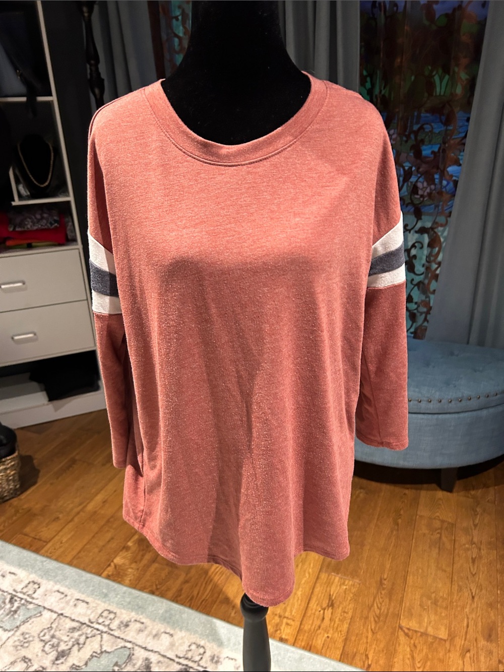 Washed Rose Long Sleeve Crewneck Top with Contrast Sleeve Stripes